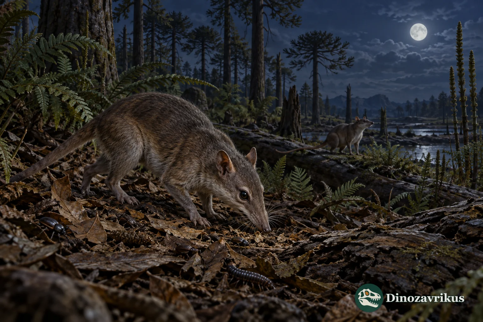A small early mammaliaform forages among insects on a moonlit Triassic forest floor