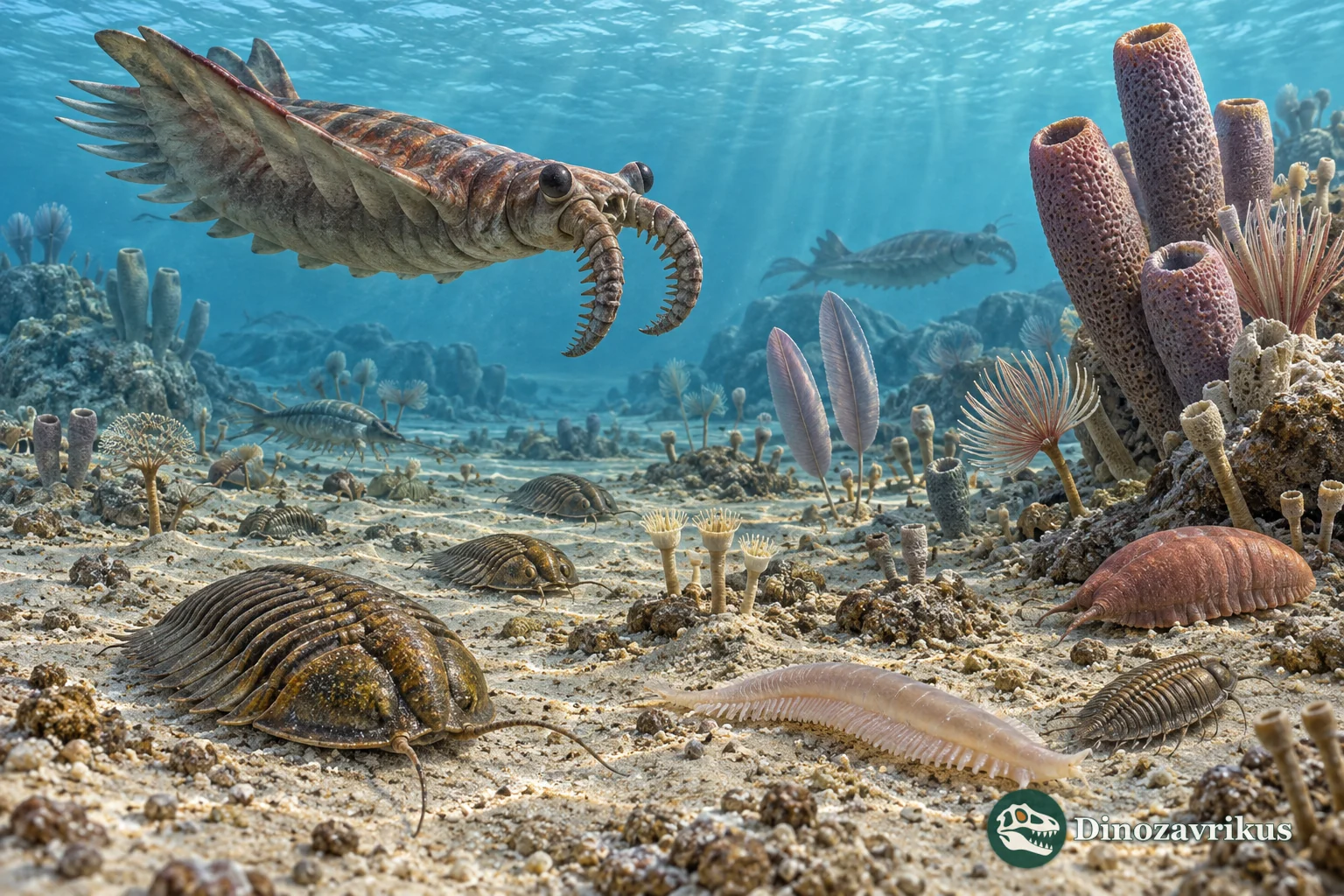 Cambrian seafloor with trilobites, a radiodont, sponges and soft-bodied marine animals