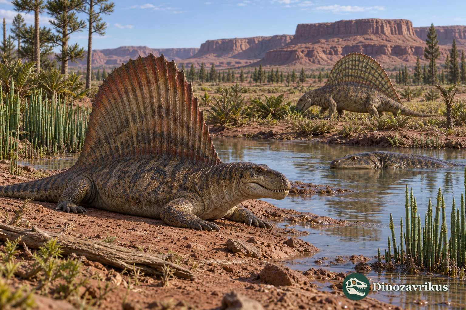 Early Permian Texas floodplain with Dimetrodon and Edaphosaurus-like synapsids