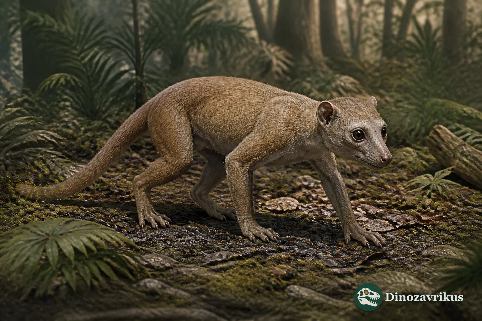 Plesiadapis-like early primate relative reconstructed on a forest floor