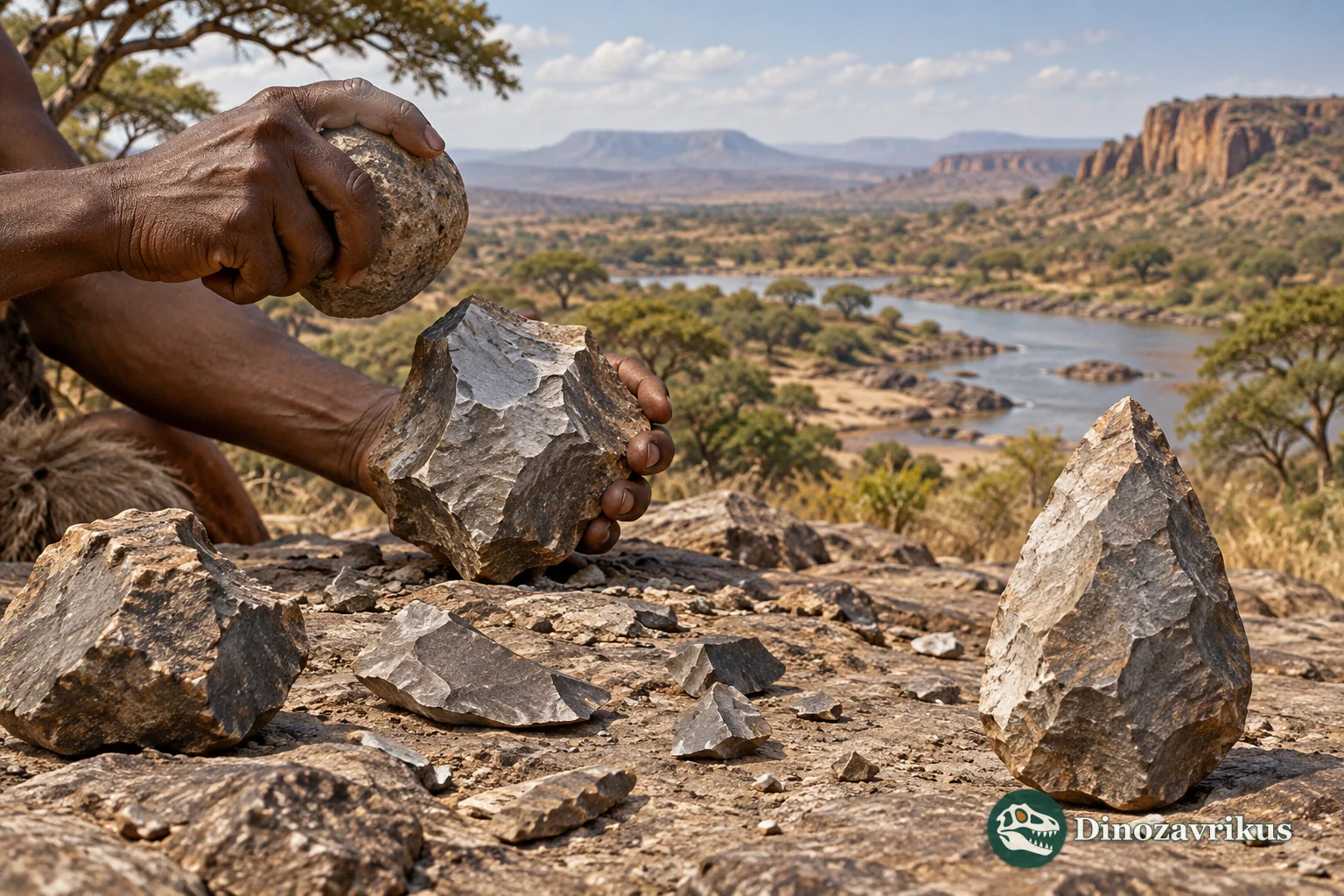 A stone core, flakes and handaxe beside a river in Africa