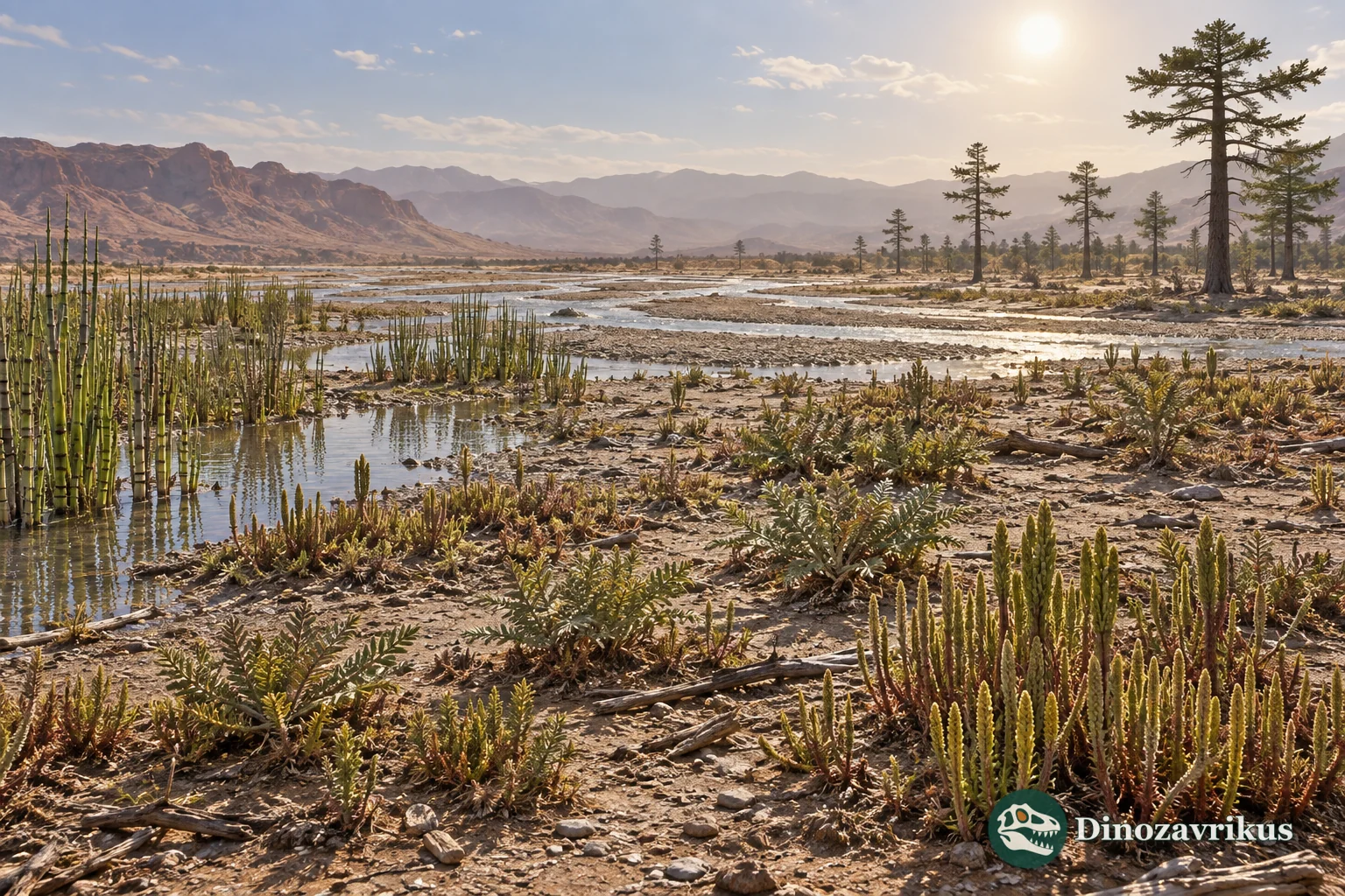 Sparse Early Triassic floodplain with lycophytes, horsetails, seed ferns and young conifers