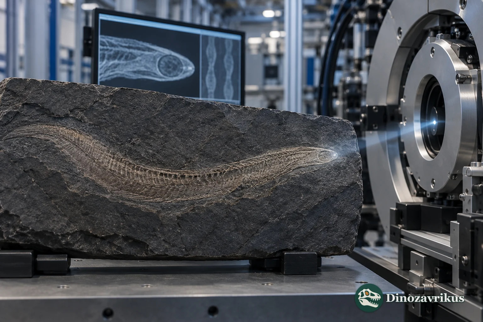 Silurian jawless fish fossil examined beside synchrotron X-ray equipment