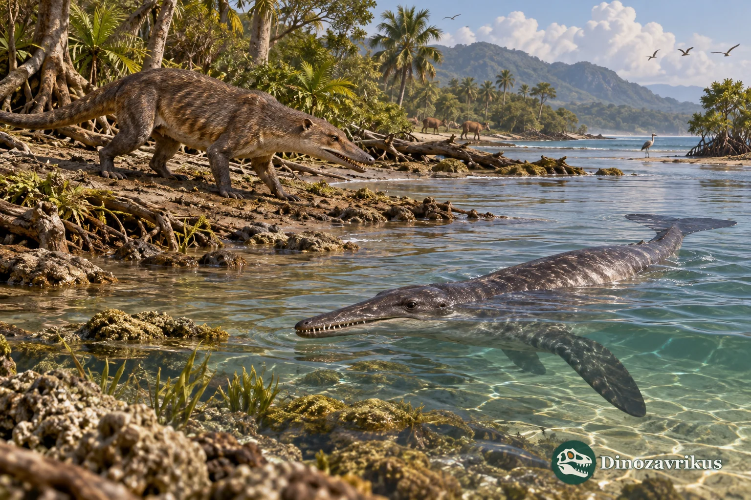 An early cetacean on a riverbank and a more aquatic archaeocete swimming nearby