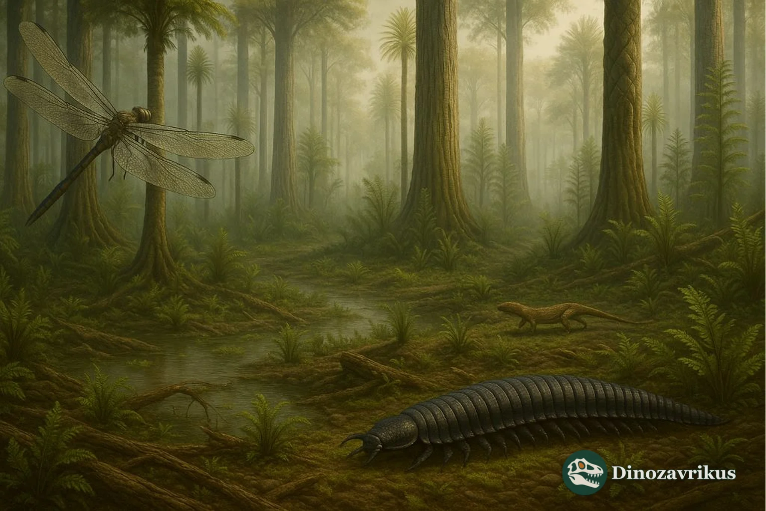 Reconstructed Carboniferous wetland with giant arthropods and early tetrapods