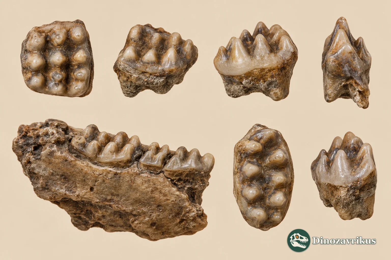 Conceptual plate showing isolated multituberculate teeth and a jaw fragment