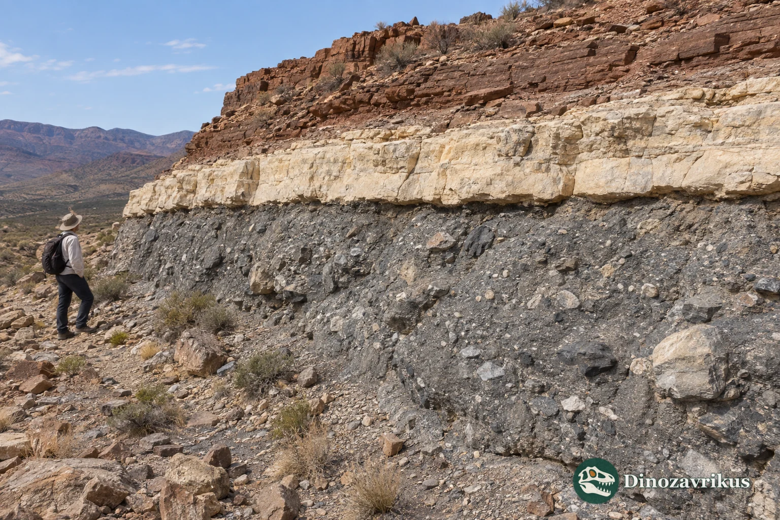 Enorama Creek reference section with dark glacial diamictite beneath pale cap carbonate