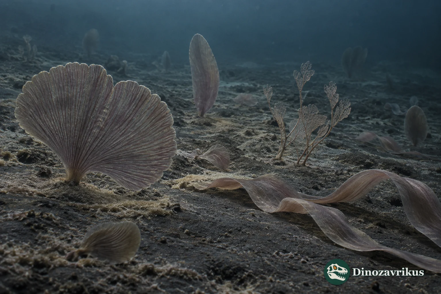 Fan-shaped ribbon-like and branching Lantian organisms on a dark seafloor