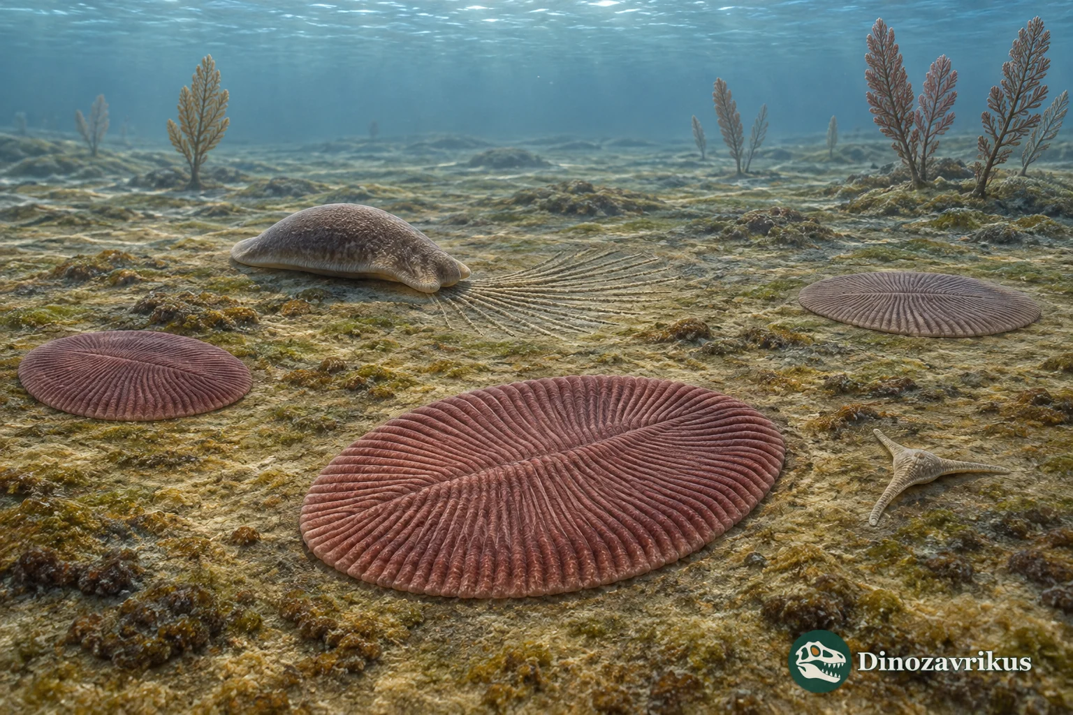 Ediacaran shallow sea with Dickinsonia Kimberella and attached organisms