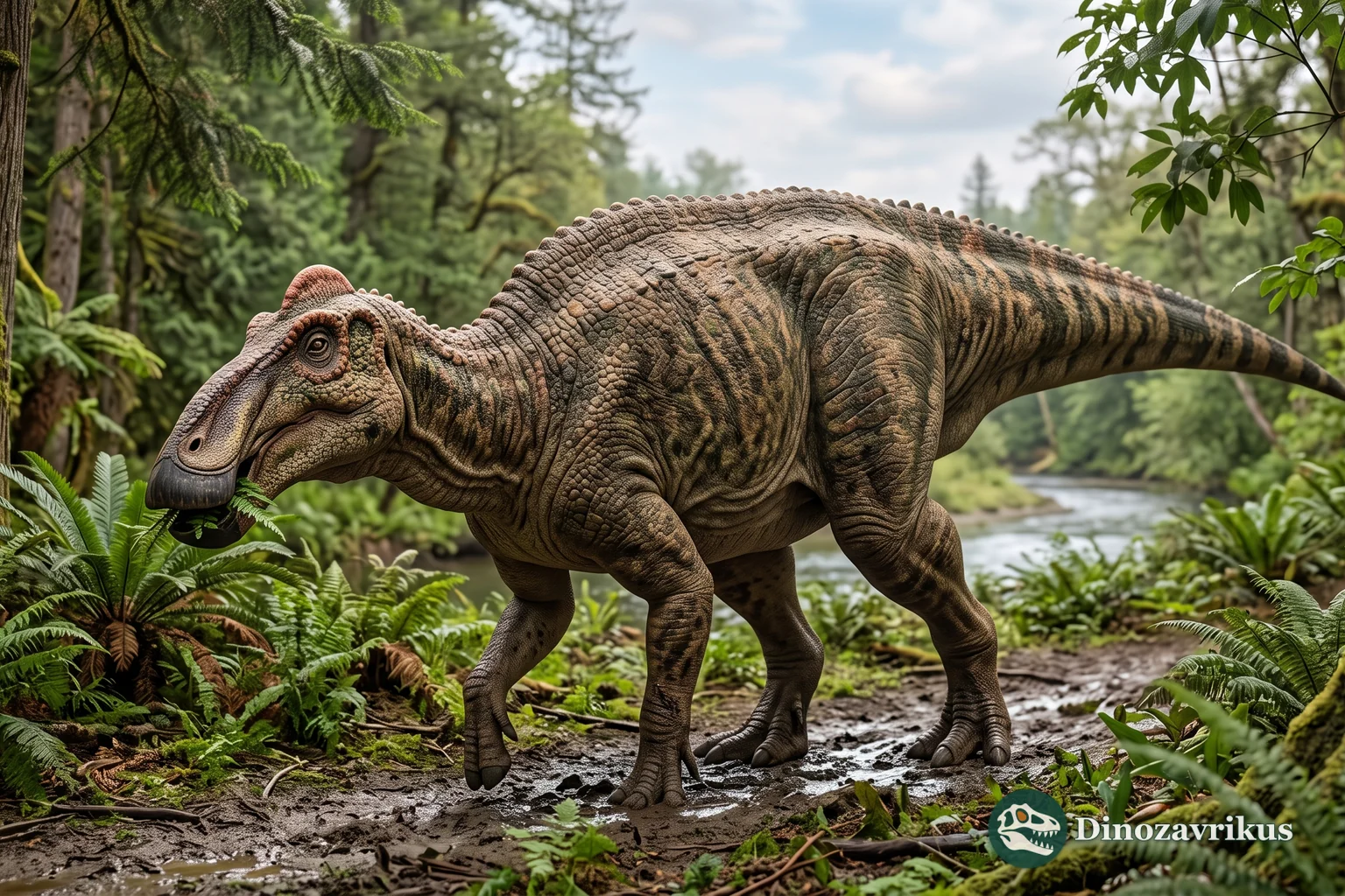 Reconstruction of Edmontosaurus in a wooded floodplain