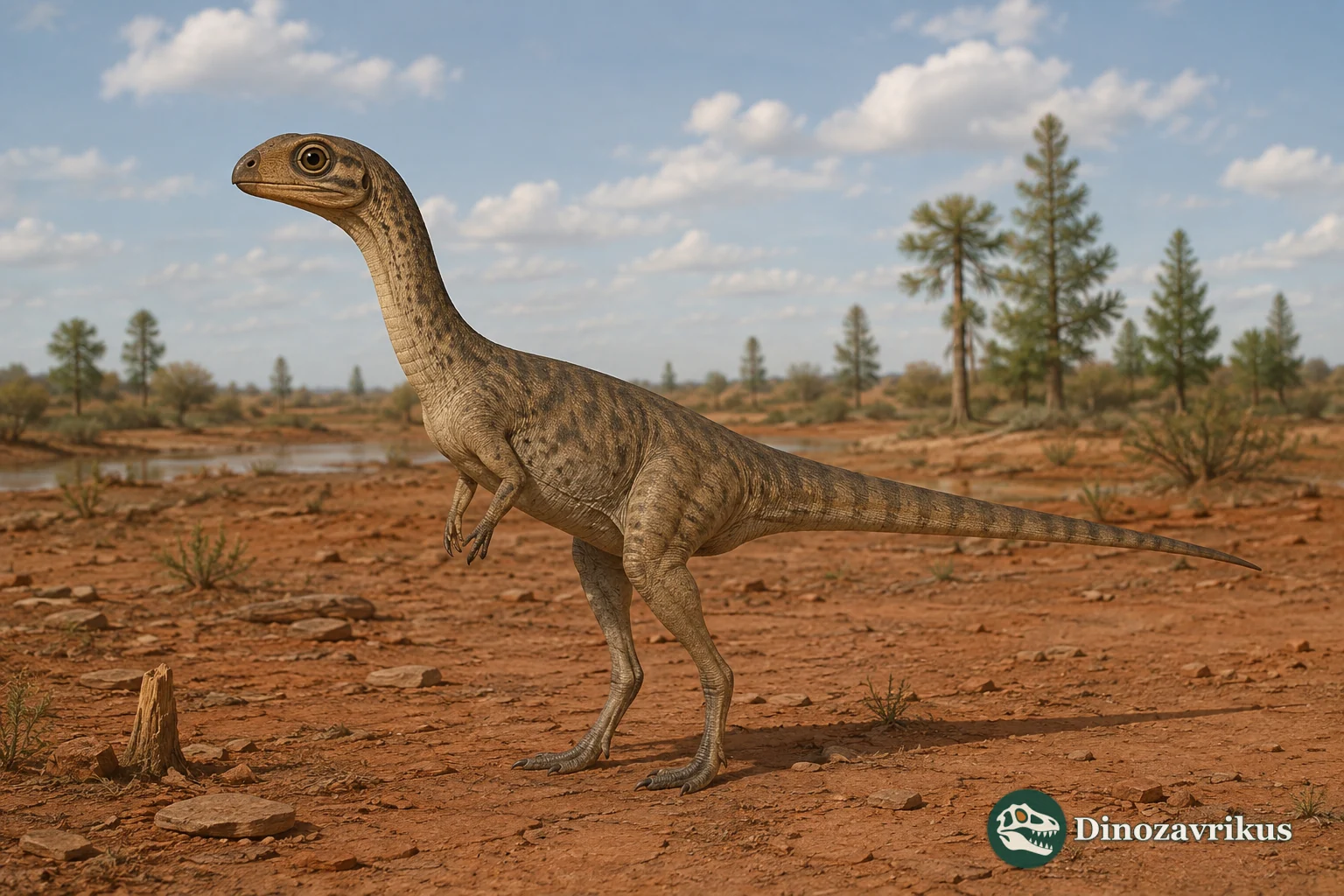 Effigia okeeffeae walking on two legs in a Late Triassic New Mexico landscape
