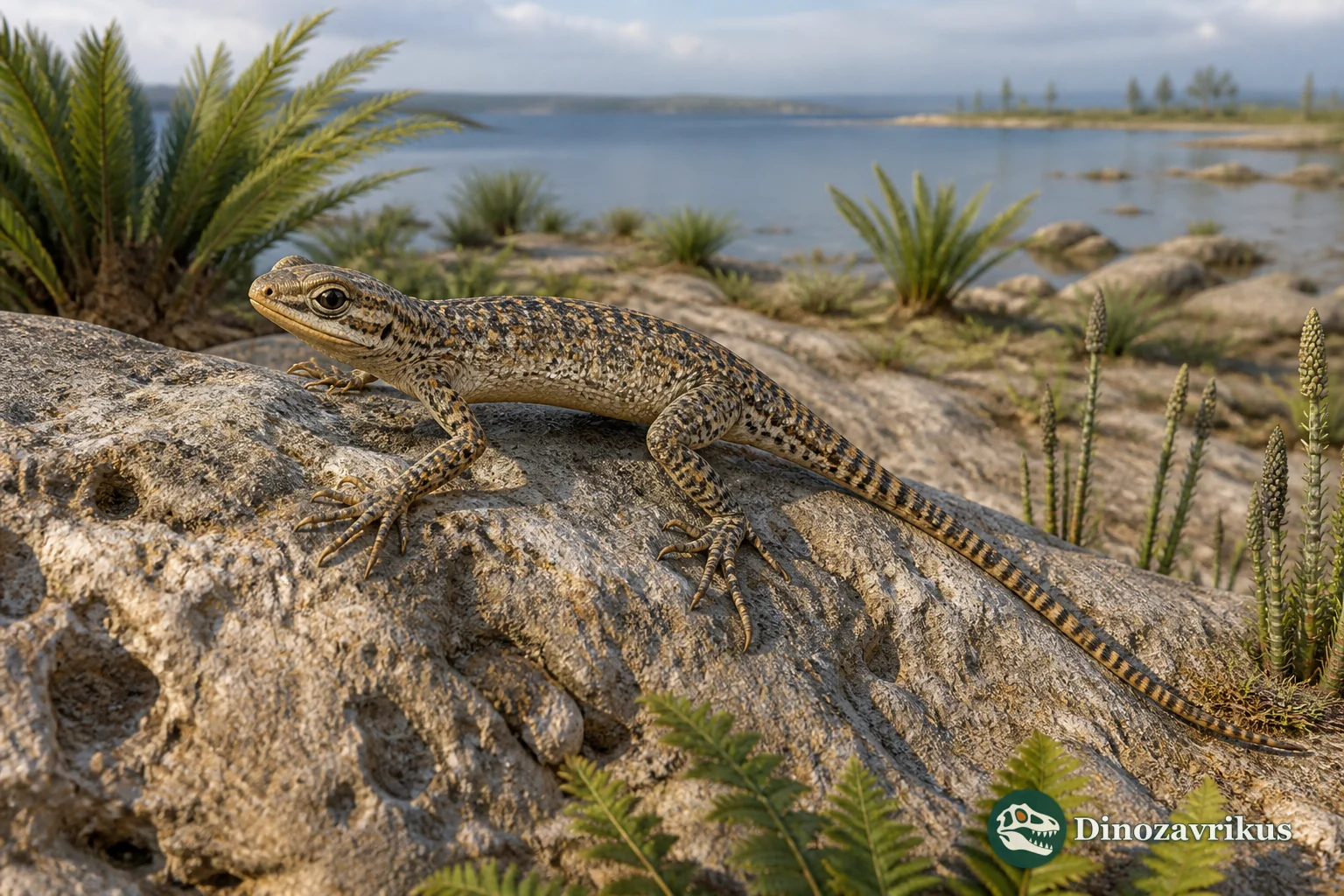 Eichstaettisaurus schroederi on a sunlit rock beside a Late Jurassic lagoon