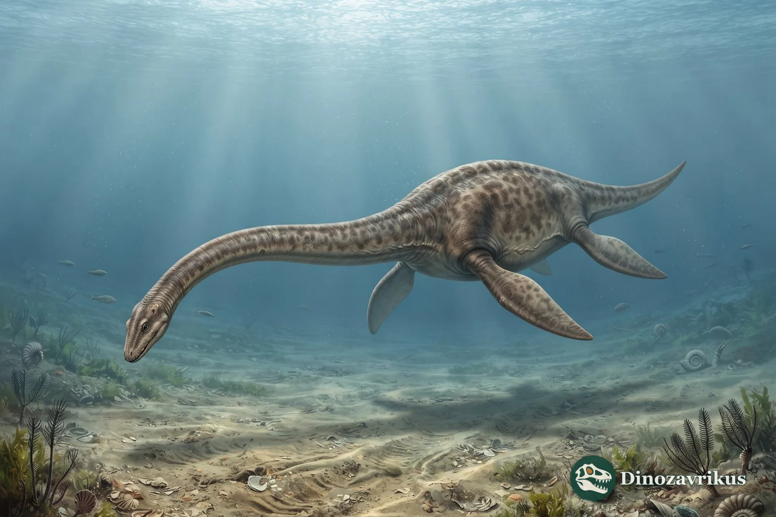 Reconstruction of Elasmosaurus swimming above a Late Cretaceous seabed