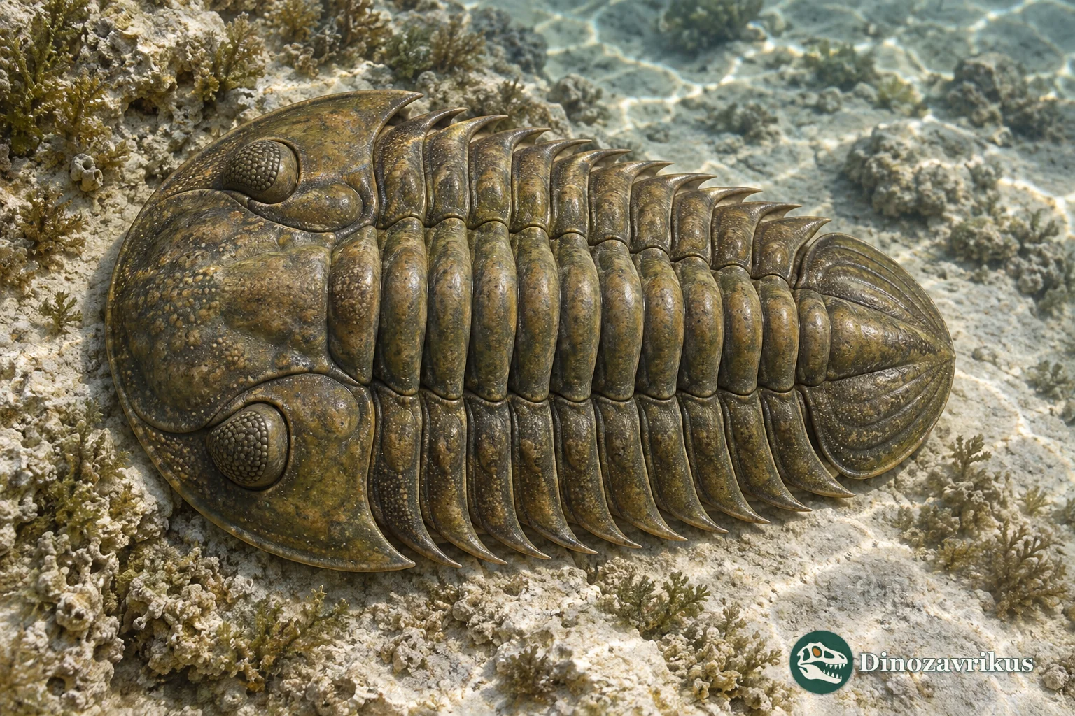 Eldredgeops trilobite with prominent schizochroal eyes on a Devonian sea floor