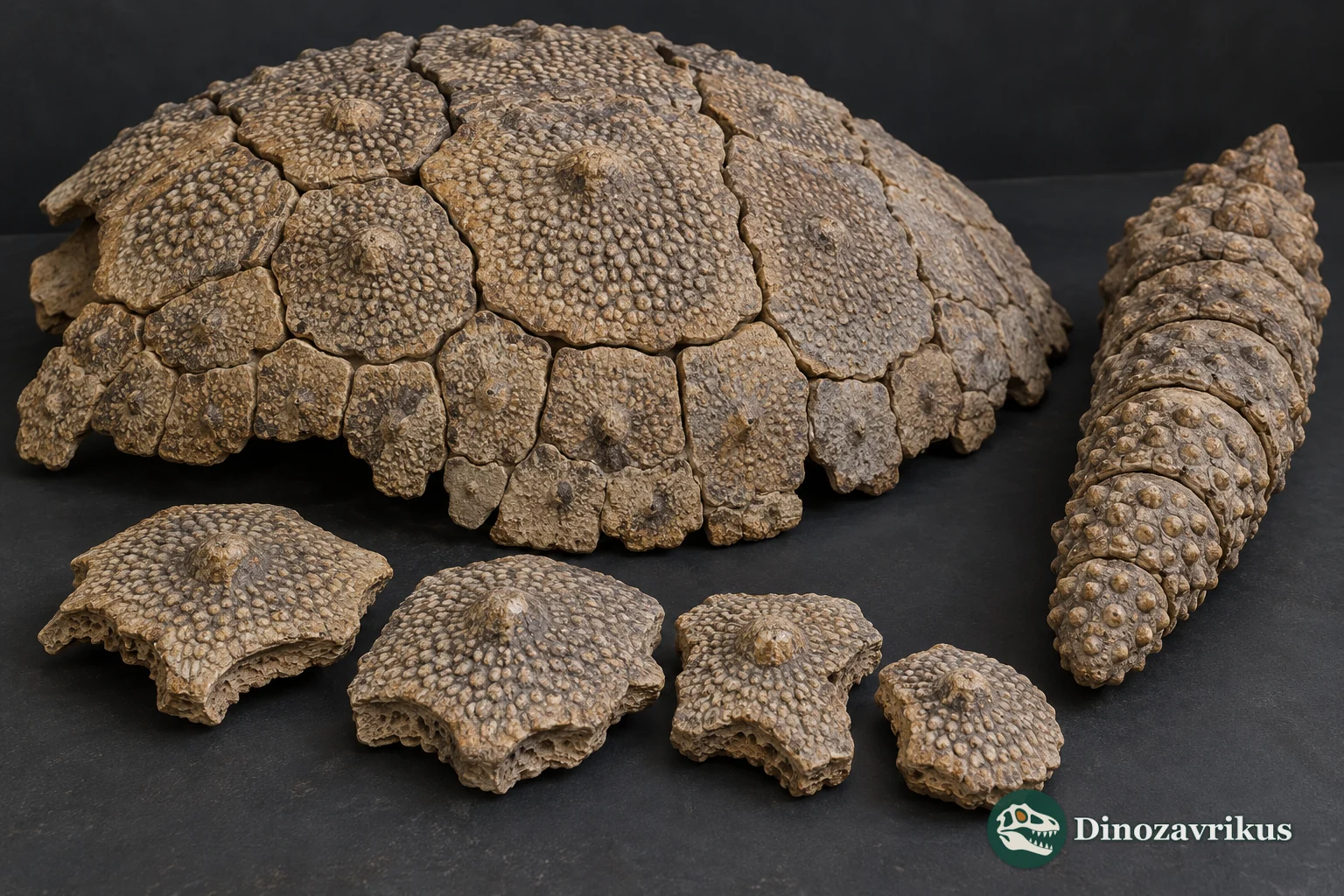 Interpretive model of glyptodont armour plates and a tail tube