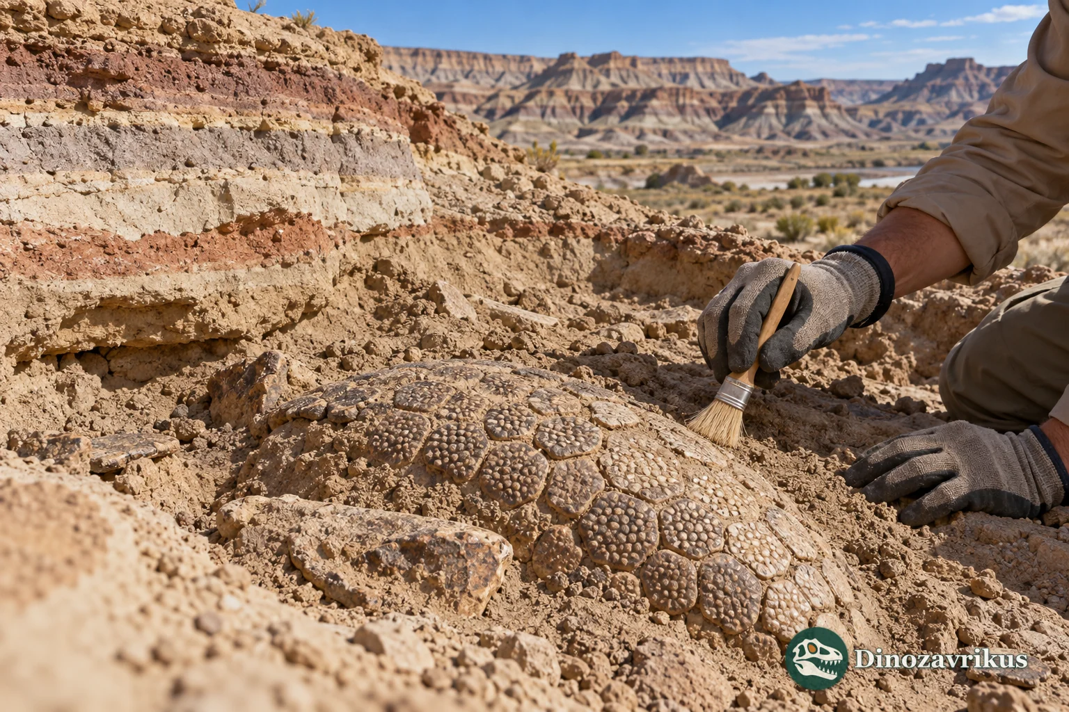 Interpretive fieldwork scene in Argentine fossil beds