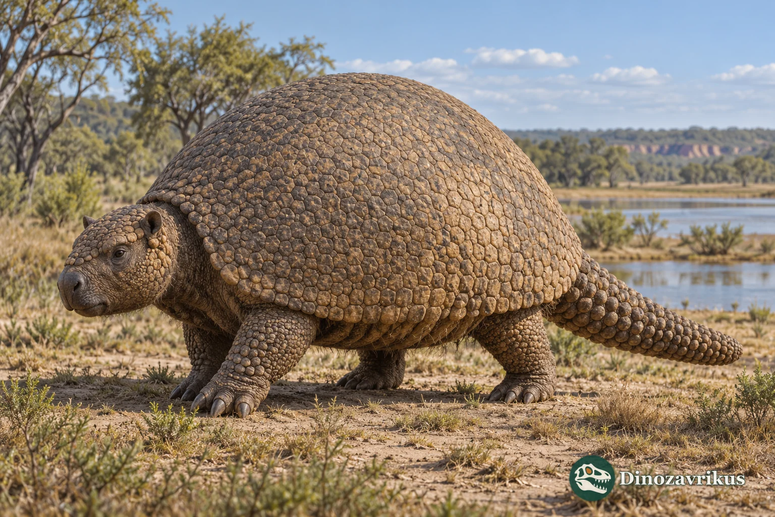 Artistic life reconstruction of an armoured Eleutherocercus in Neogene Argentina