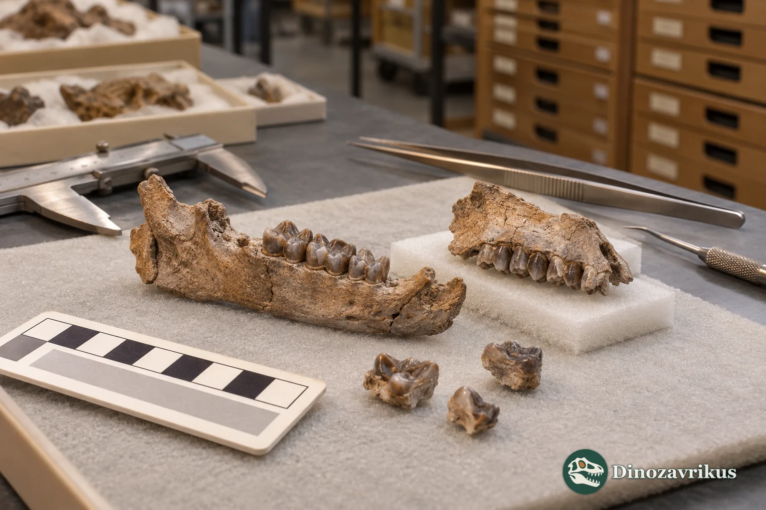 Conceptual museum study scene with small Paleocene mammal jaw fragments and teeth