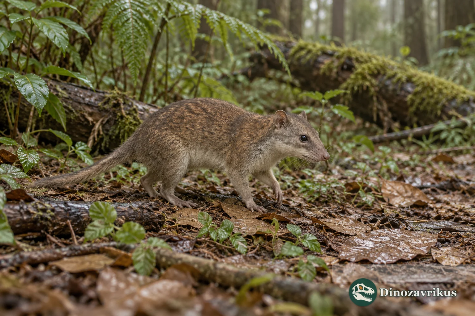 Hypothetical small mammal moving through leaf litter in a Paleocene woodland