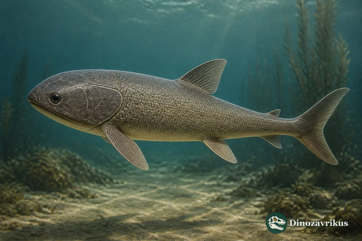 Elonichthys germari swimming in a Carboniferous freshwater basin