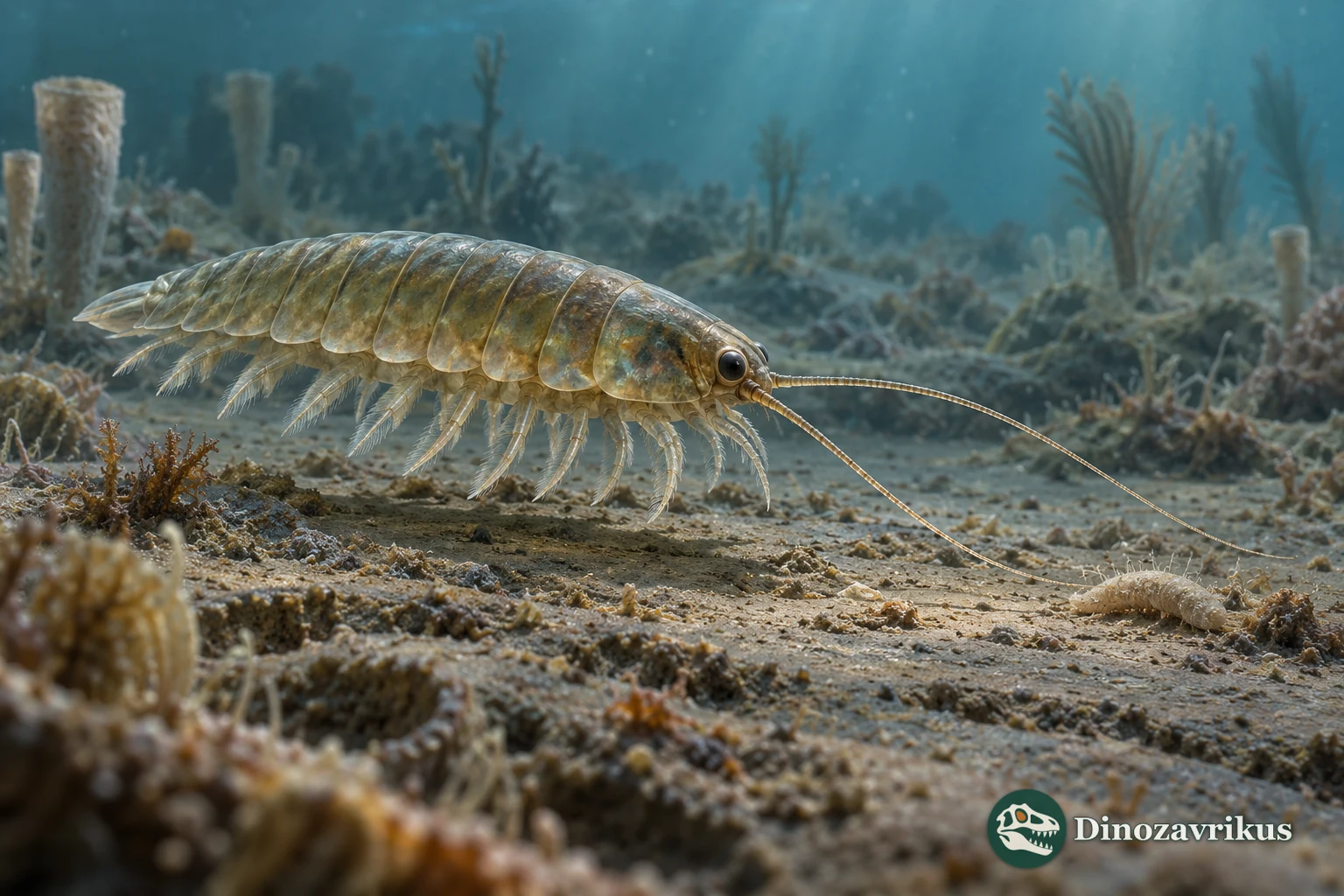 Artistic reconstruction of Emeraldella moving above a Cambrian seabed