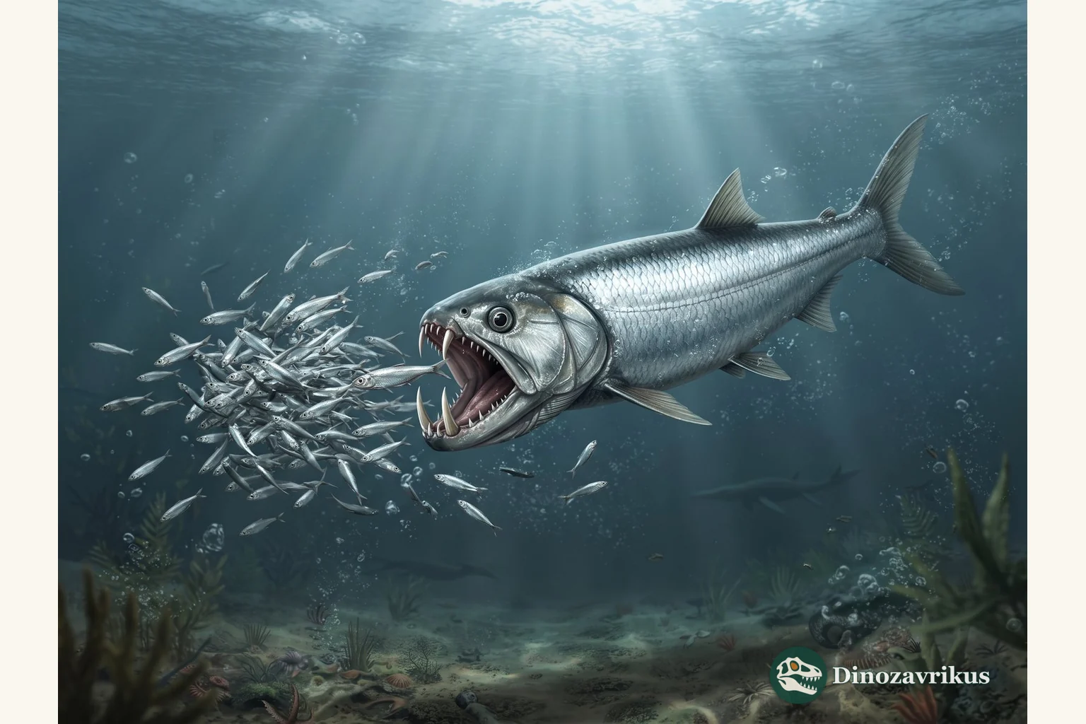 Reconstruction of Enchodus feeding on smaller fish in a Cretaceous sea