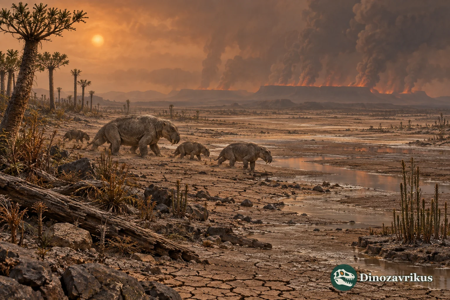 End-Permian landscape under volcanic haze beside oxygen-stressed coastal water