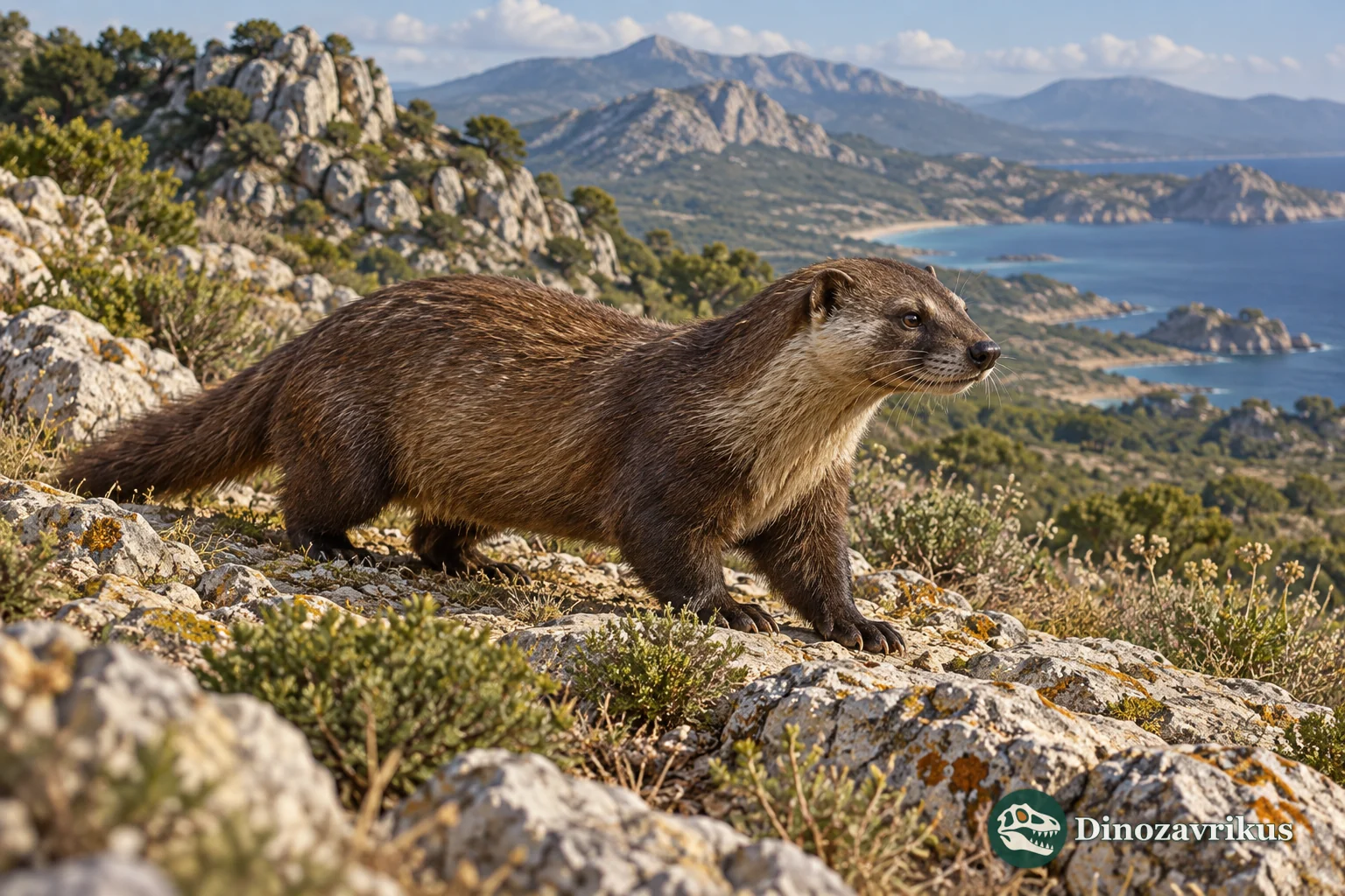 Artistic reconstruction of Enhydrictis in a Sardinian limestone landscape
