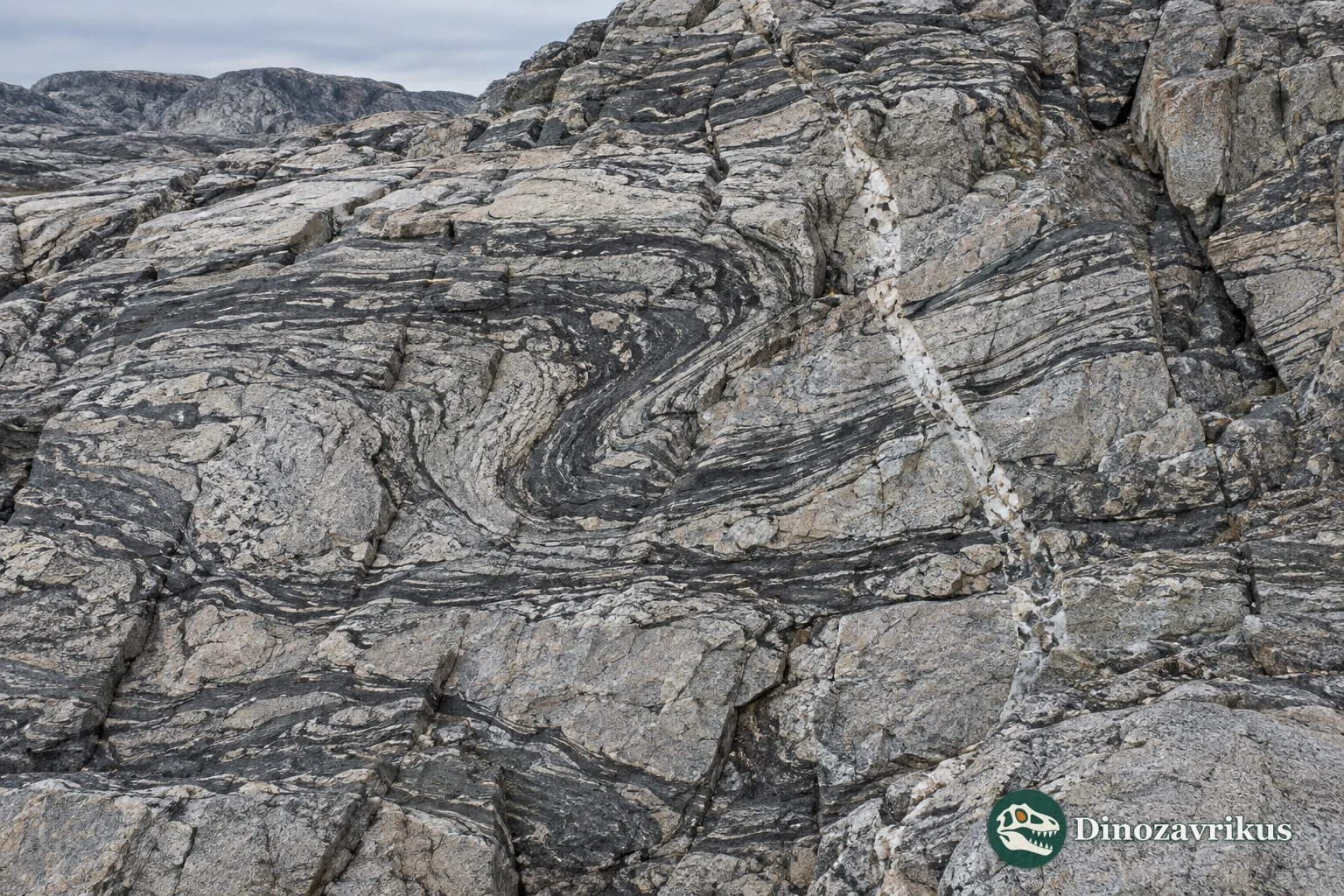 Folded light and dark rocks of the Acasta Gneiss Complex