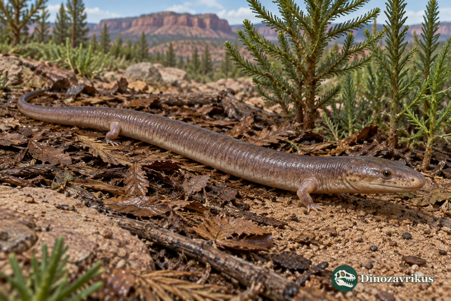 Eocaecilia micropodia moving through damp Early Jurassic ground in the Kayenta landscape
