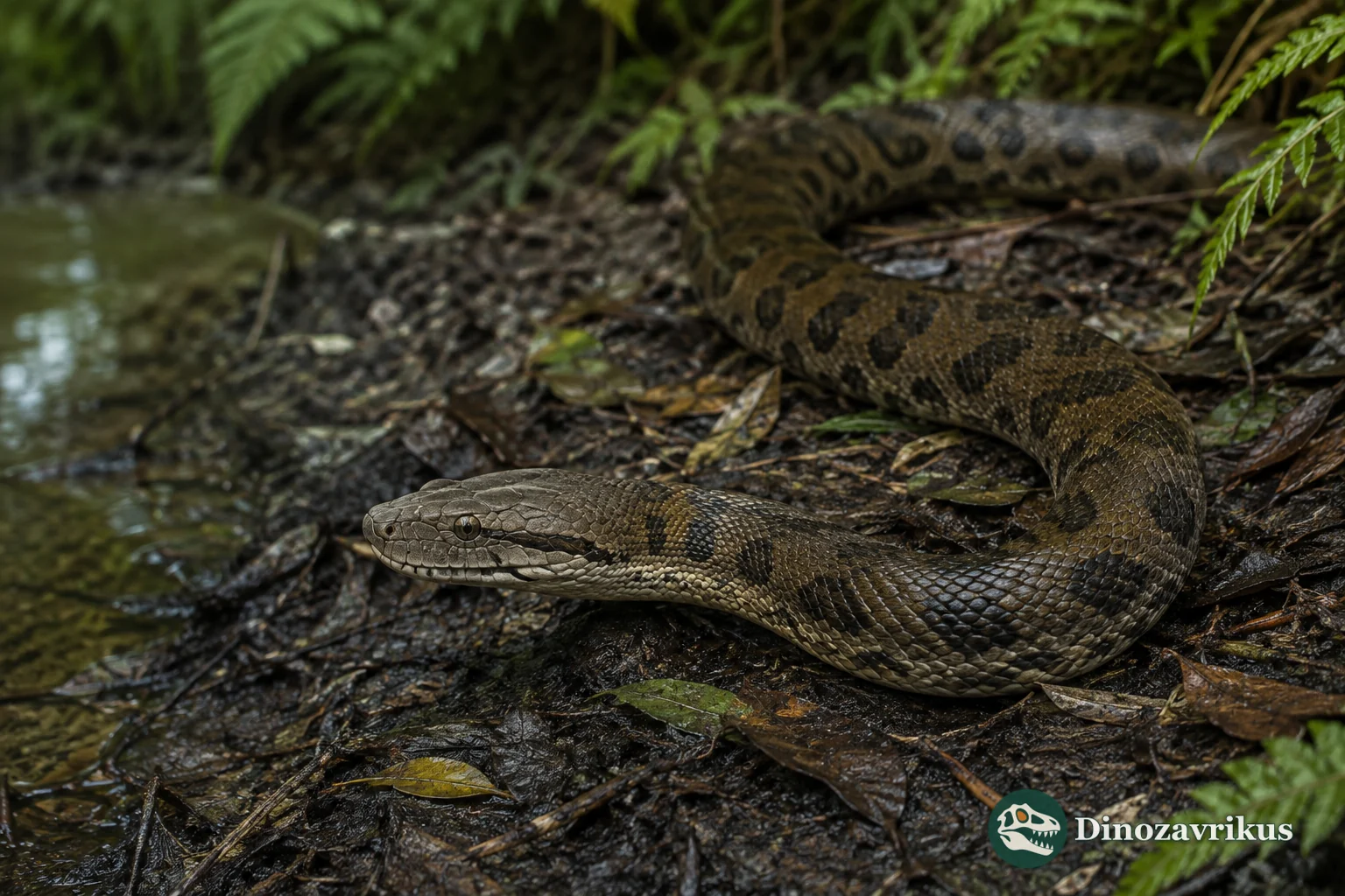 Artistic reconstruction of Eoconstrictor fischeri moving through leaf litter near the Eocene Messel lake