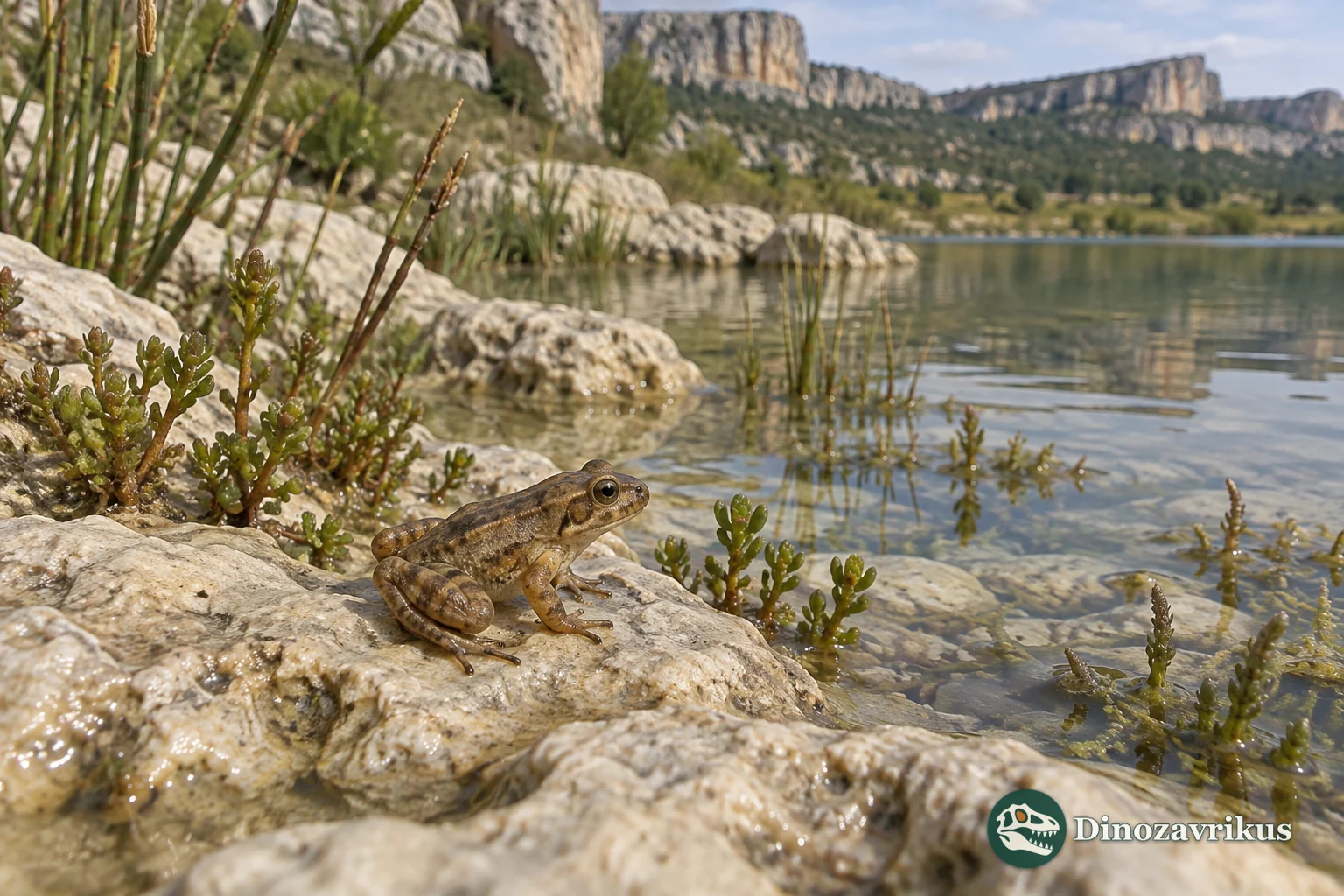 A small Eodiscoglossus frog beside a Barremian limestone lake in northeastern Spain