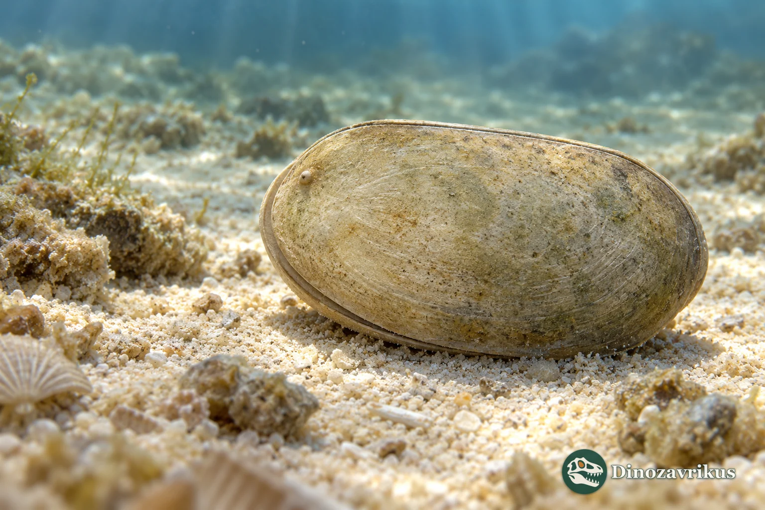 Magnified artistic reconstruction of an Eoleperditia ostracod above an Ordovician carbonate sea floor