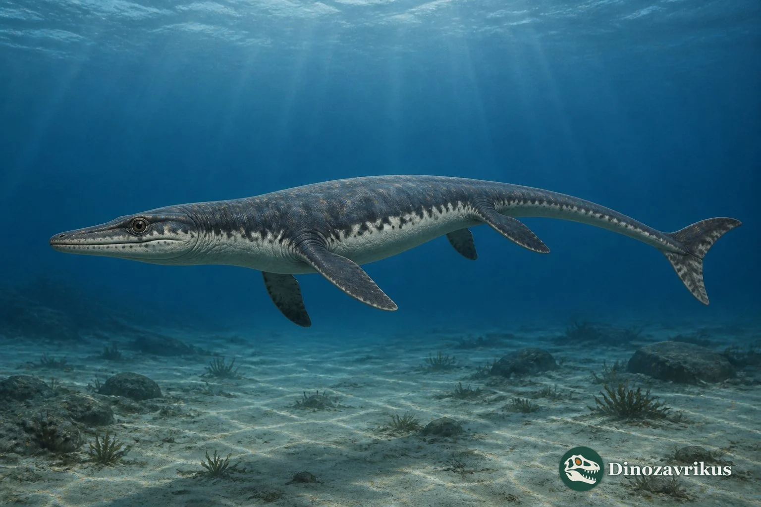 Fossil skeleton of Eonatator sternbergii, a small Santonian mosasaur from Kansas