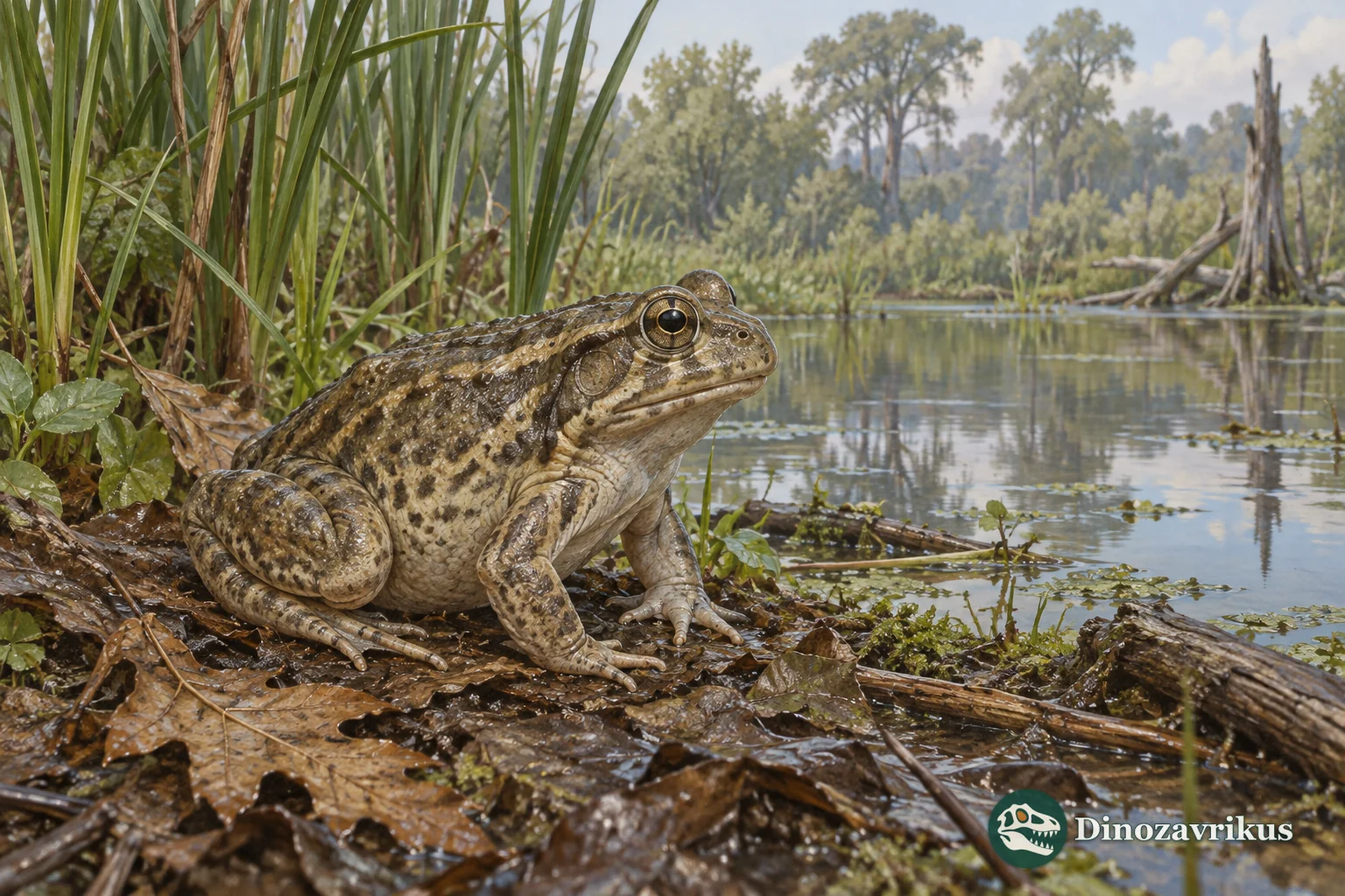 Eopelobates beside an Eocene European freshwater pond