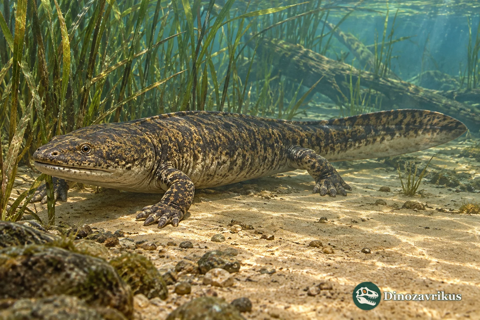 Artistic Eoscapherpeton salamander resting underwater in a Cretaceous channel
