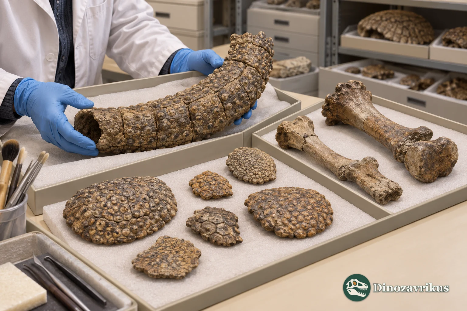 Conceptual museum study scene with glyptodont tail tube, limb bones and osteoderms