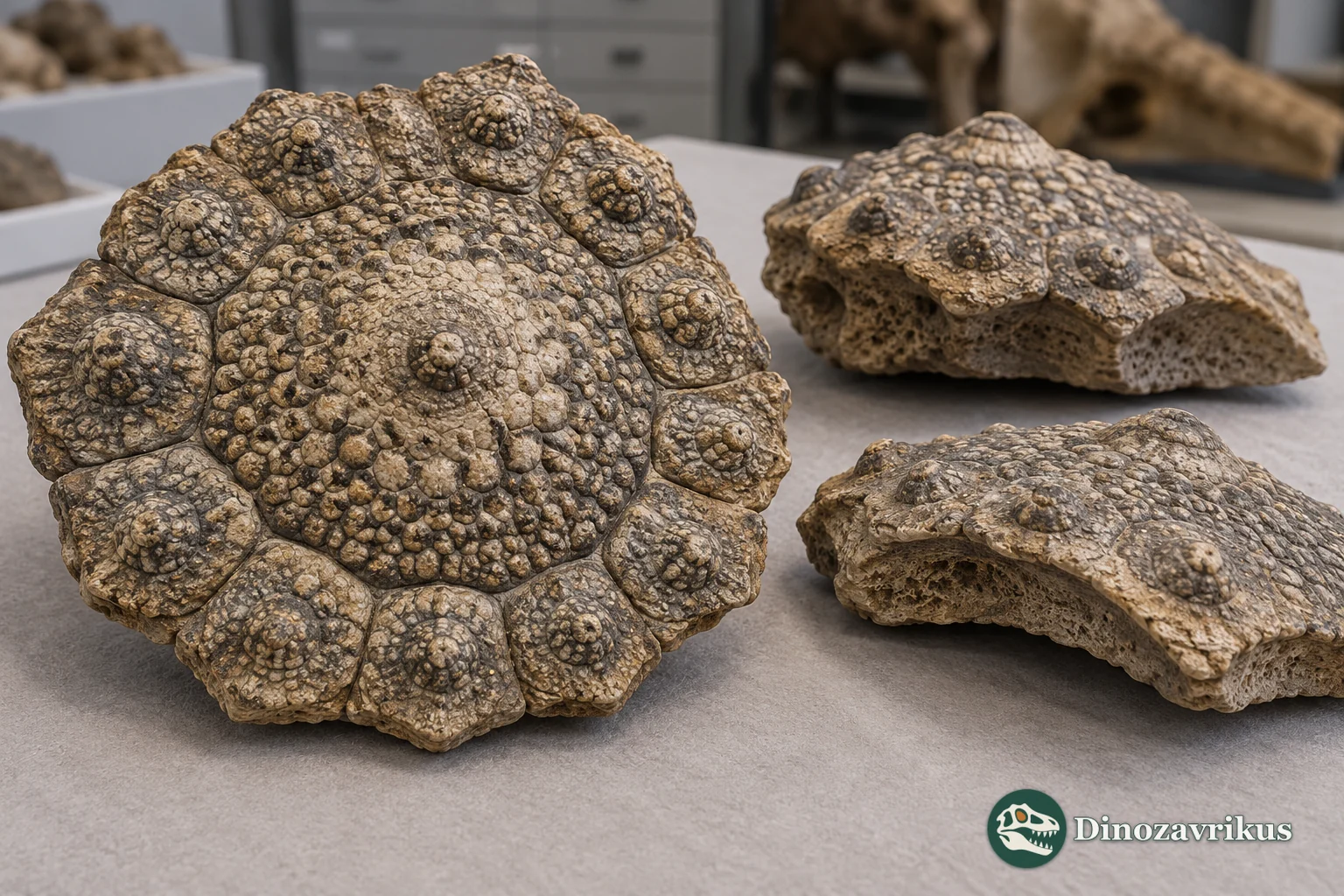 Illustrative close reconstruction of glyptodont osteoderms with central and peripheral figures