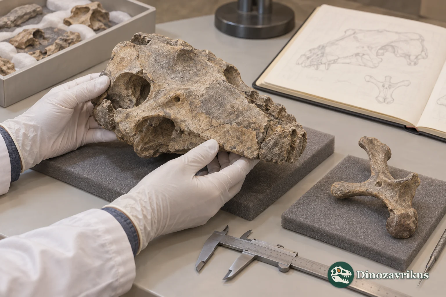 Illustrative museum study of a sirenian skull fragment and pelvic bone