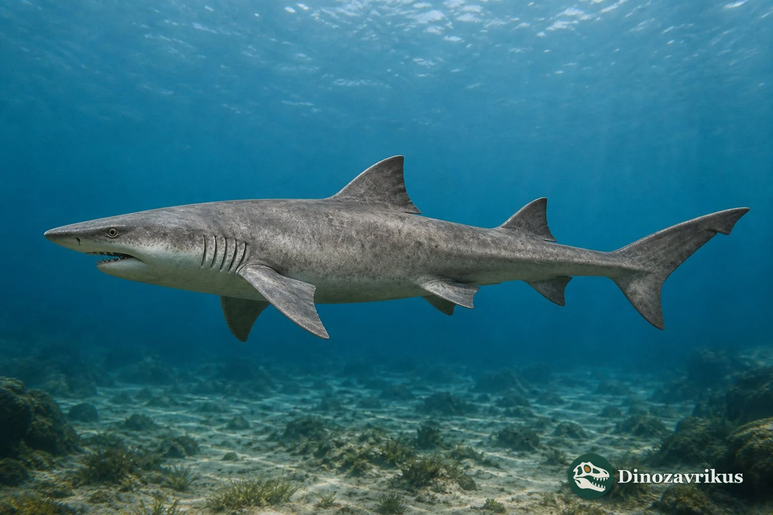 Eostriatolamia shark swimming through a Cretaceous seaway