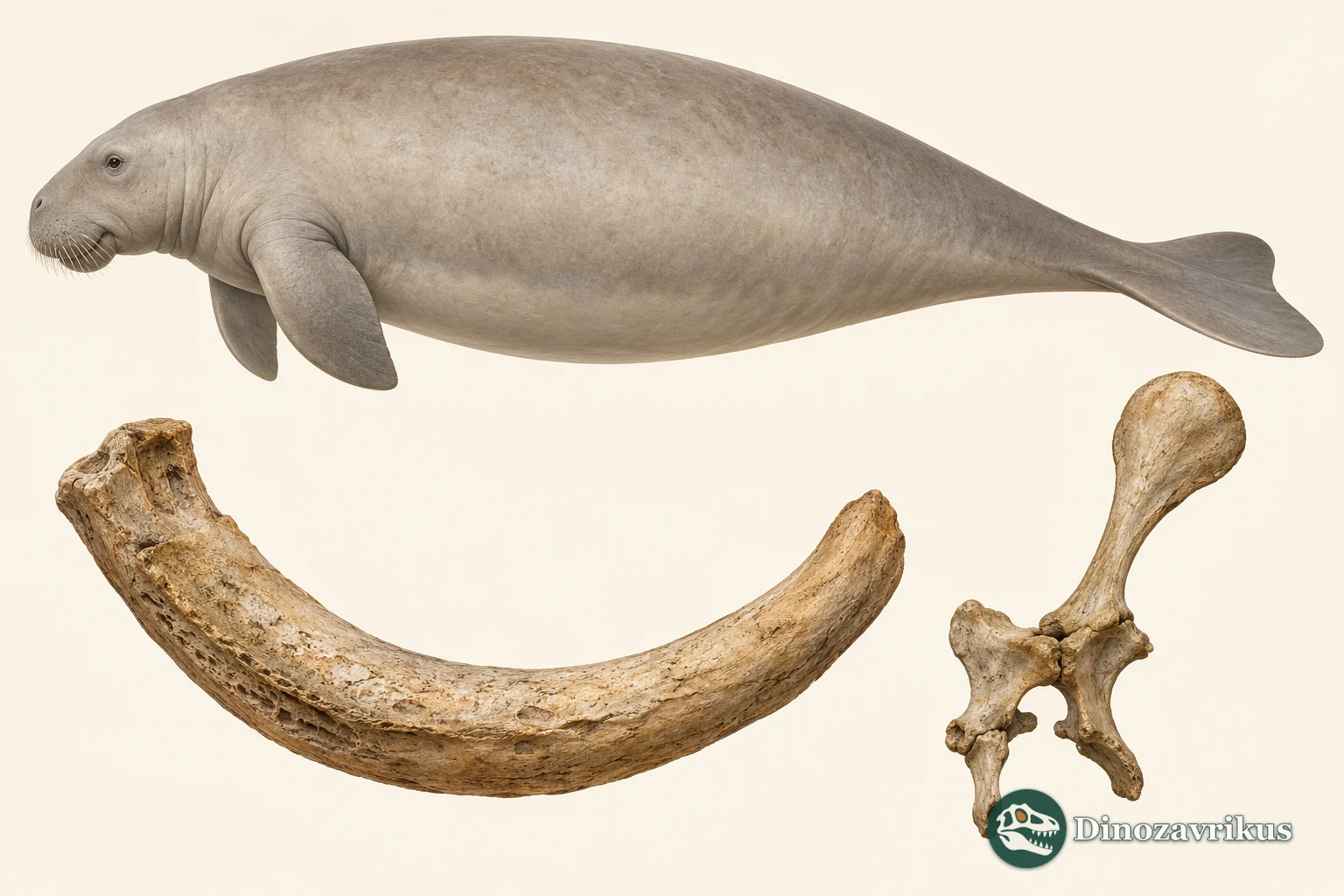 Conceptual anatomy illustration of a sea cow skull, rib and pelvis