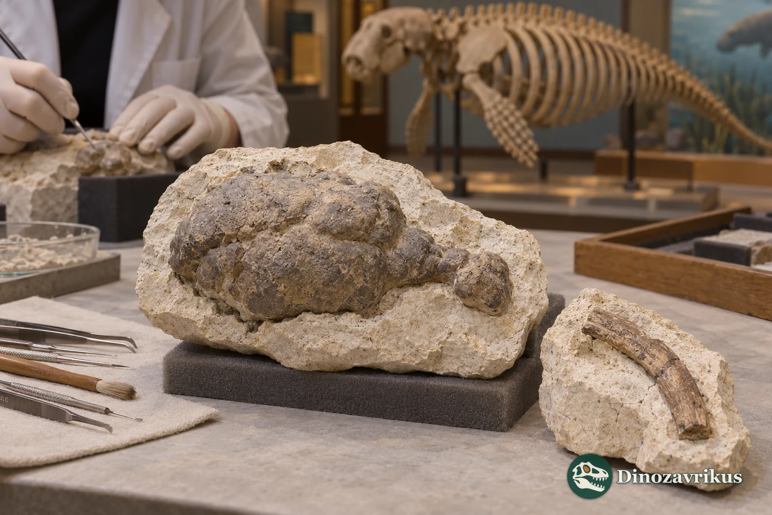 Conceptual museum scene showing a natural endocast and rib fragment