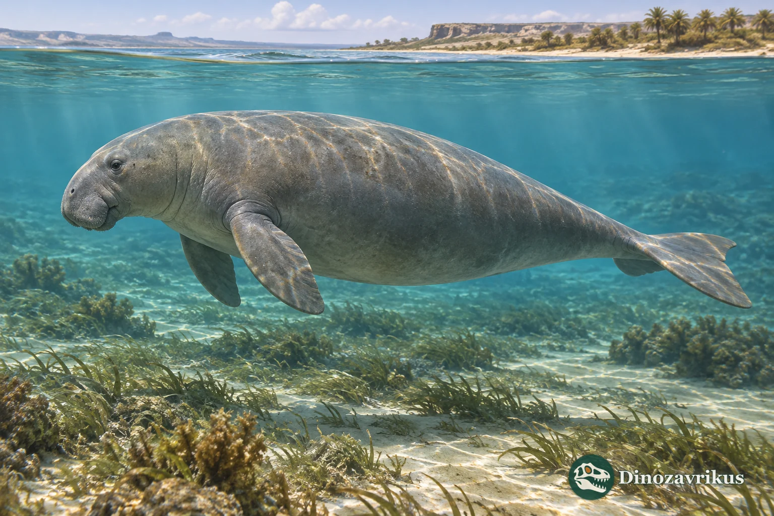 Artistic reconstruction of an Eotheroides sea cow in a shallow Eocene lagoon