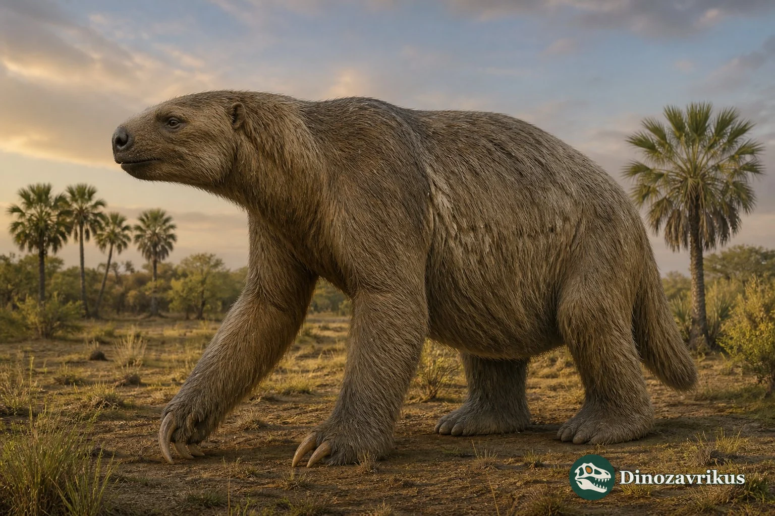Reconstruction of Eremotherium walking through a tropical American landscape