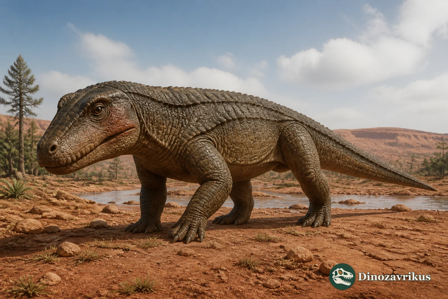 Erythrosuchus africanus reconstructed on a Middle Triassic floodplain in South Africa