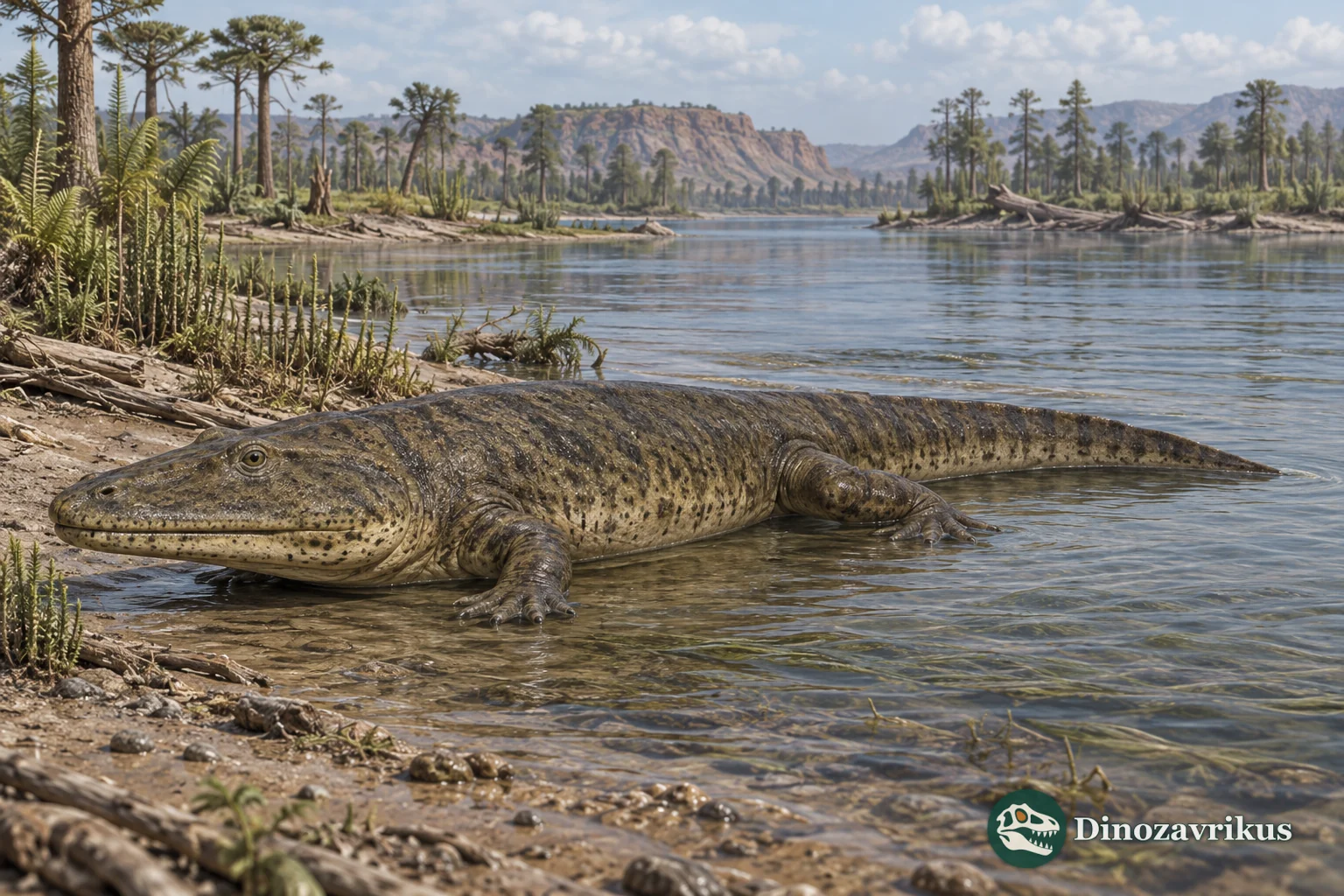 Eryosuchus reconstructed in a Middle Triassic river landscape