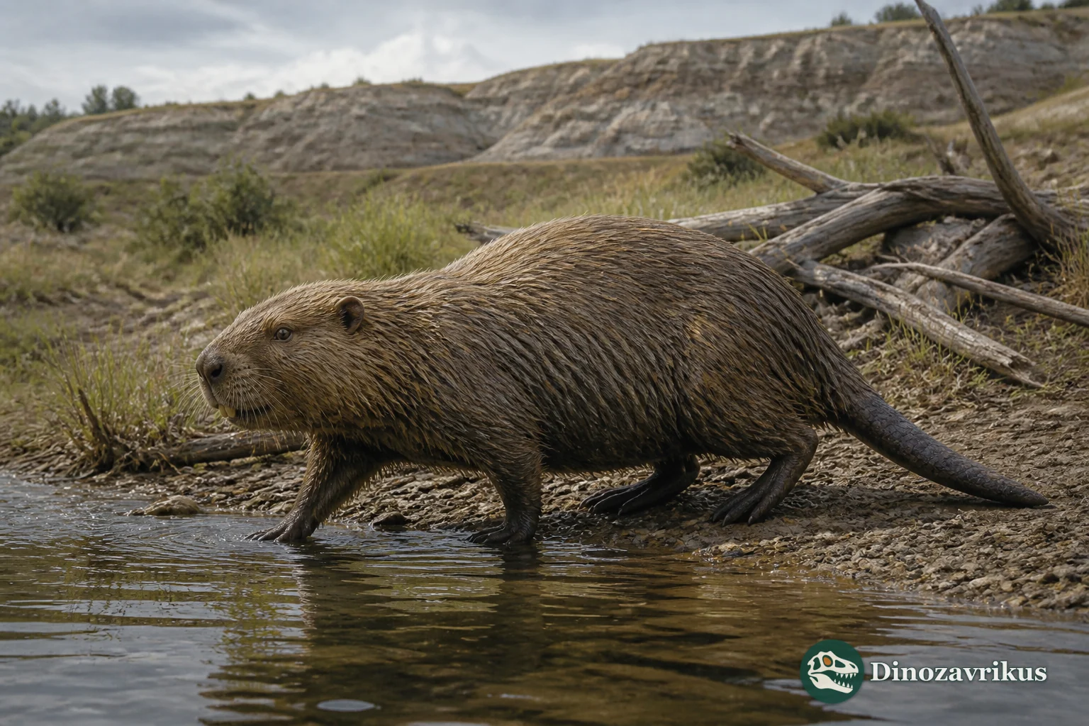 Eucastor beside a Miocene stream in Nebraska, with skull and cheek teeth based on fossil evidence
