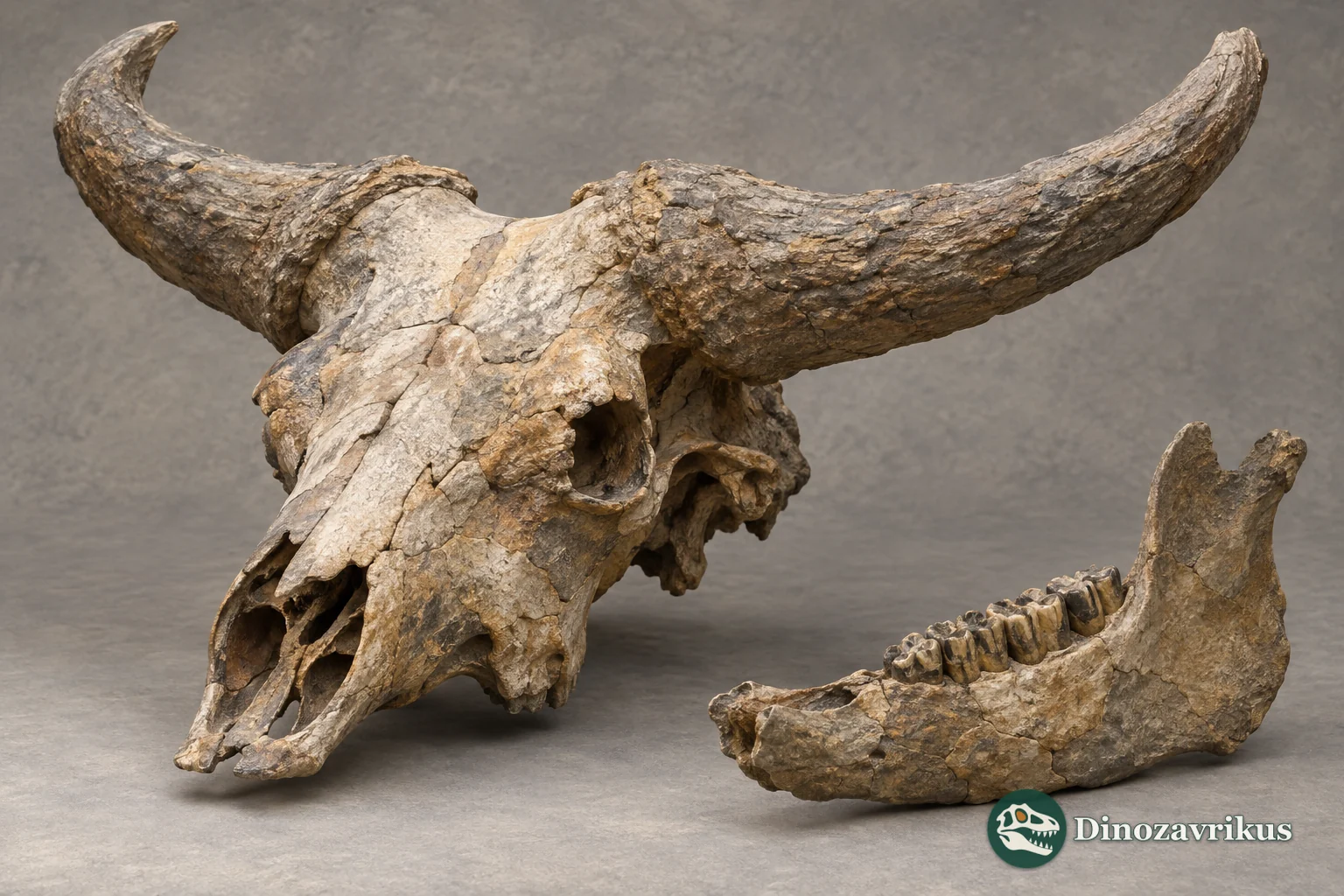 Interpretive illustration of a fossil shrub-ox cranium and a separate jaw fragment