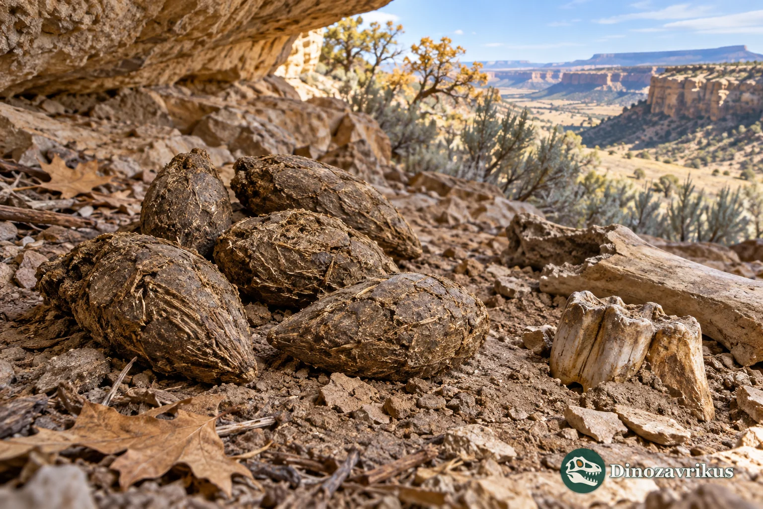 Interpretive image of dry dung pellets and a fossil tooth in an alcove