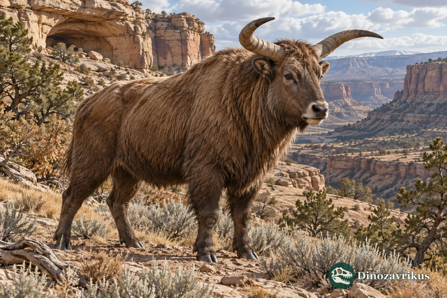 Artistic reconstruction of the extinct shrub-ox Euceratherium in a Colorado Plateau landscape